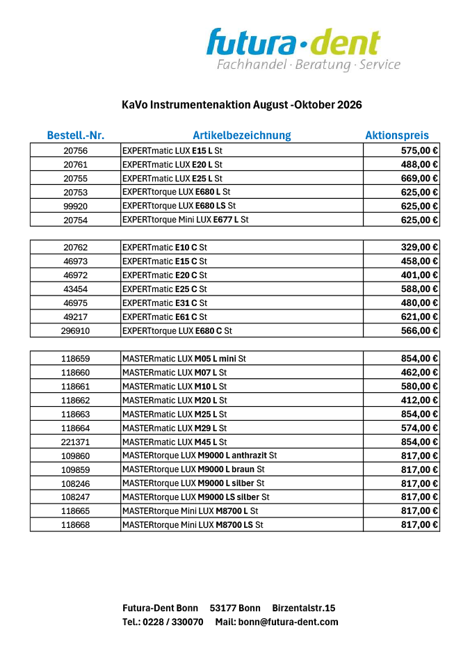 KaVo Instrumentenaktion Oktober 2026 - Praxisangebote Futura Dent Bonn